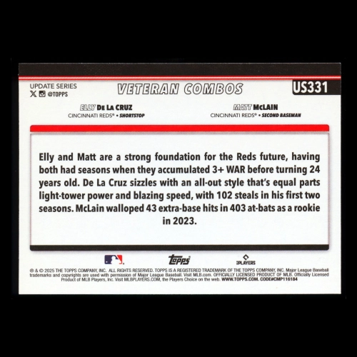 Elly De La Cruz - Matt McLain 2025 Topps Update Veteran Combos Reds