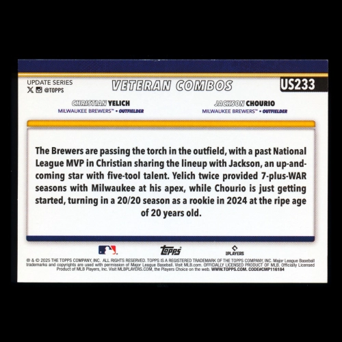 Christian Yelich - Jackson Chourio 2025 Topps Update Veteran Combos Brewers