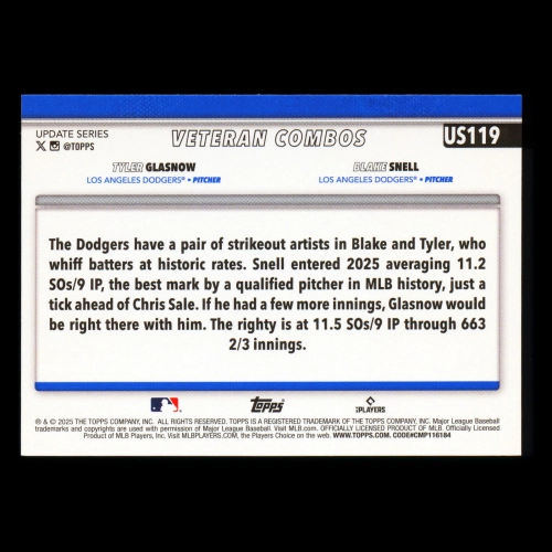Blake Snell - Tyler Glasnow 2025 Topps Update Veteran Combos Dodgers