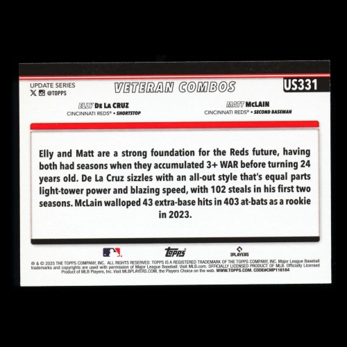 Elly De La Cruz - Matt McLain 2025 Topps Update Veteran Combos Reds