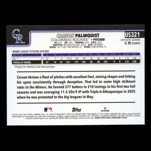 Carson Palmquist RC 2025 Topps Update Rainbow Foil Rookie Rockies