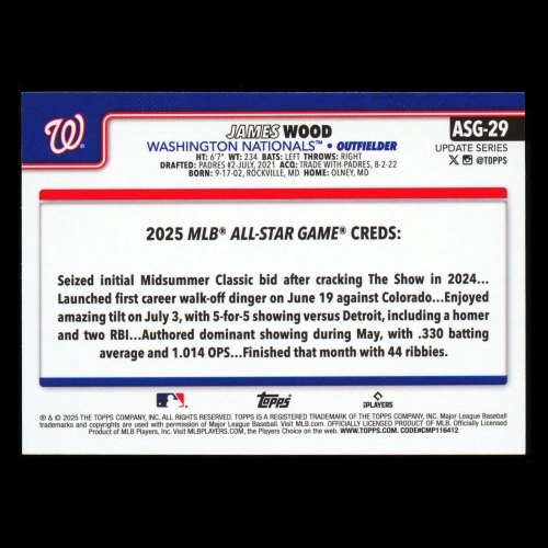 James Wood RC 2025 Topps Update '25 All-Star Game Rookie Nationals