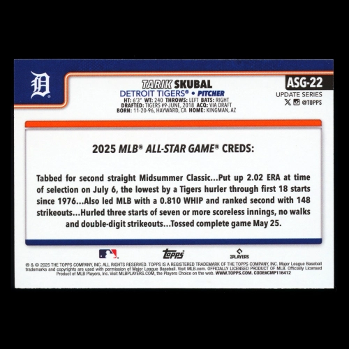 Tarik Skubal 2025 Topps Update '25 All-Star Game Tigers