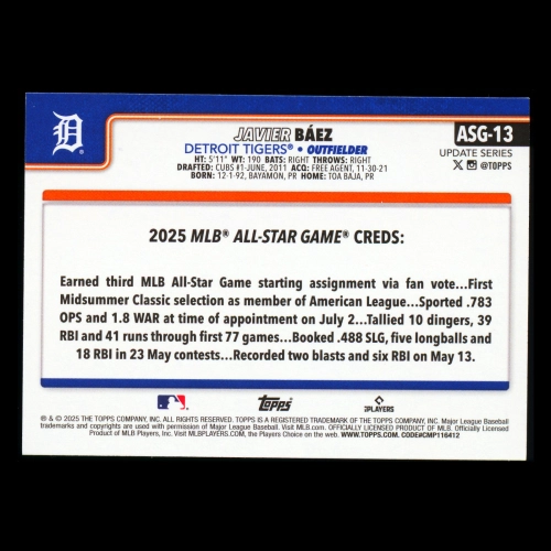 Javier Baez 2025 Topps Update '25 All-Star Game Tigers