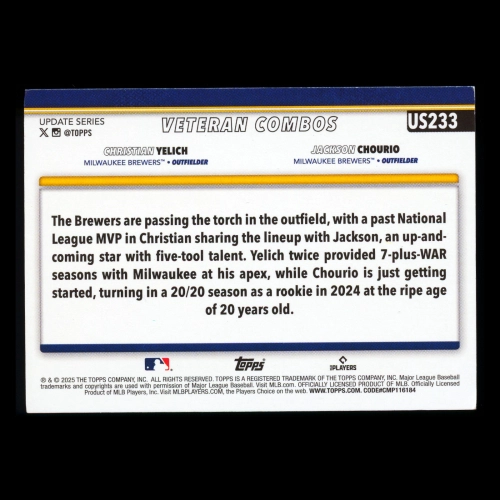 Christian Yelich - Jackson Chourio 2025 Topps Update Orange Black Foil Brewers