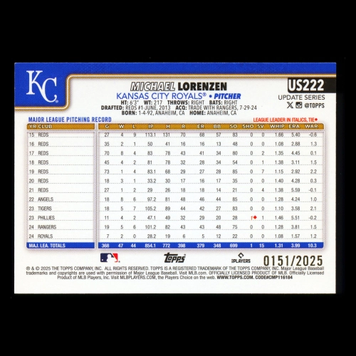 Michael Lrenzen 2025 Topps Update Gold Royals 0151/2025