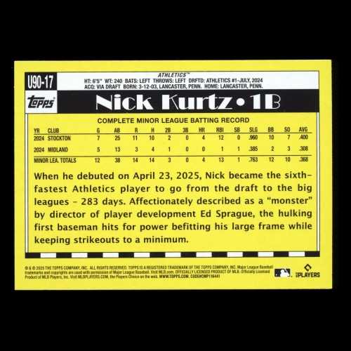 Nick Kurtz RC 2025 Topps Update '90 Topps Rookie Athletics