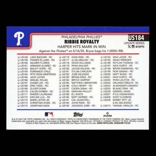 Bryce Harper 2025 Topps Update Checklist Phillies