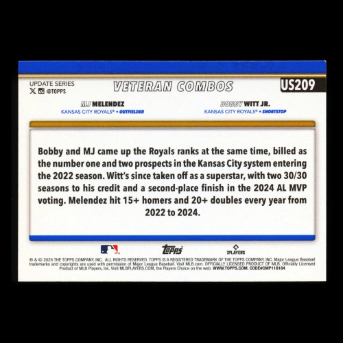 MJ Melendez - Bobby Witt Jr. 2025 Topps Update Veteran Combos Royals
