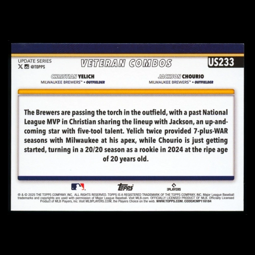 Christian Yelich - Jackson Chourio 2025 Topps Update Veteran Combos Brewers
