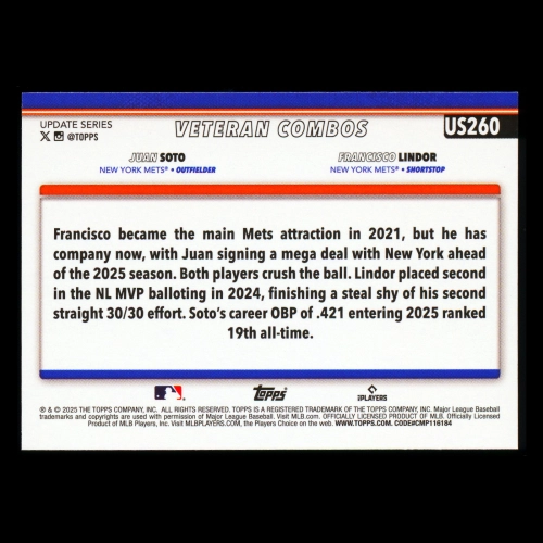 Francisco Lindor - Juan Soto 2025 Topps Update Veteran Combos Mets