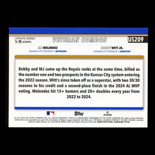 MJ Melendez - Bobby Witt Jr. 2025 Topps Update Veteran Combos Royals