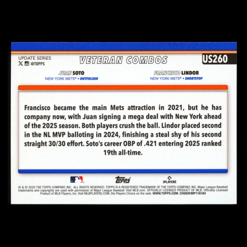 Francisco Lindor - Juan Soto 2025 Topps Update Veteran Combos Mets