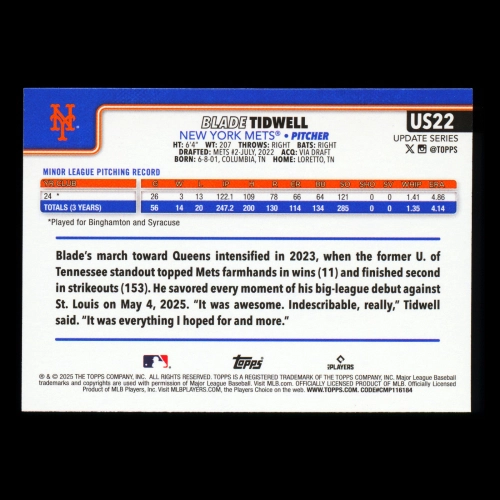 Blade Tidwell RC 2025 Topps Update Rookie Mets