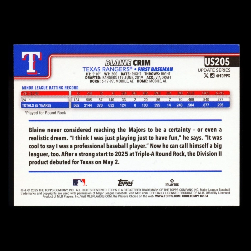 Blaine Crim RC 2025 Topps Update Rookie Rangers