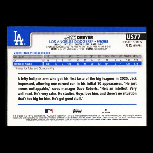 Jack Dreyer RC 2025 Topps Update Rookie Dodgers