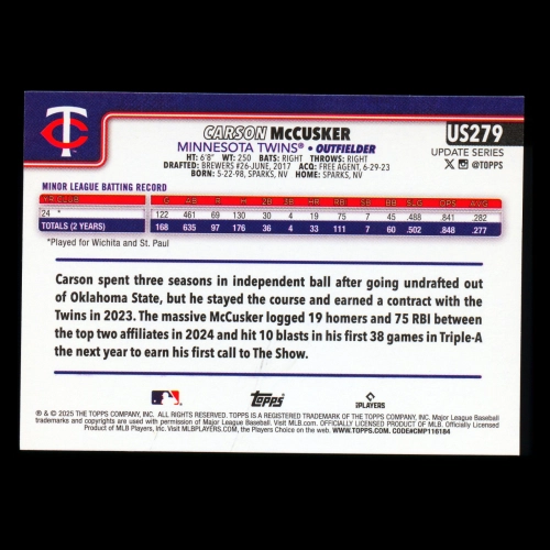 Carson McCusker RC 2025 Topps Update Rookie Twins