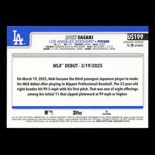 Roki Sasaki 2025 Topps Update Rookie Debut Dodgers