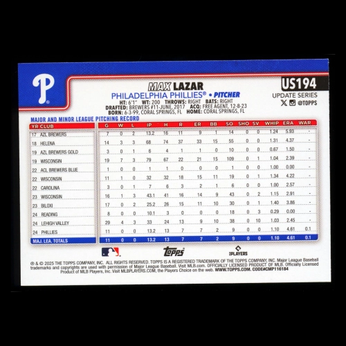 Max Lazar RC 2025 Topps Update Rookie Phillies