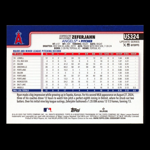 Ryan Zeferjahn RC 2025 Topps Update Rookie Angels