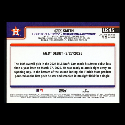 Cam Smith 2025 Topps Update Rookie Debut Astros