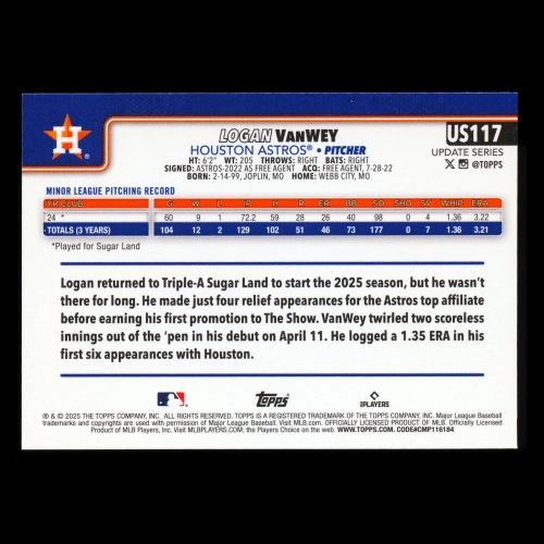 Logan VanWey RC 2025 Topps Update Rookie Astros