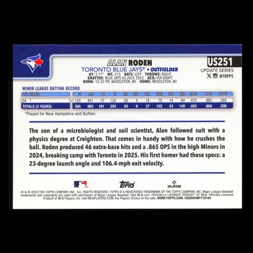 Alan Roden RC 2025 Topps Update Rookie Blue Jays