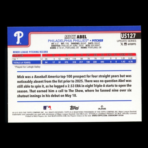 Mick Abel RC 2025 Topps Update Rookie Phillies