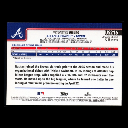 Nathan Wiles RC 2025 Topps Update Rookie Braves