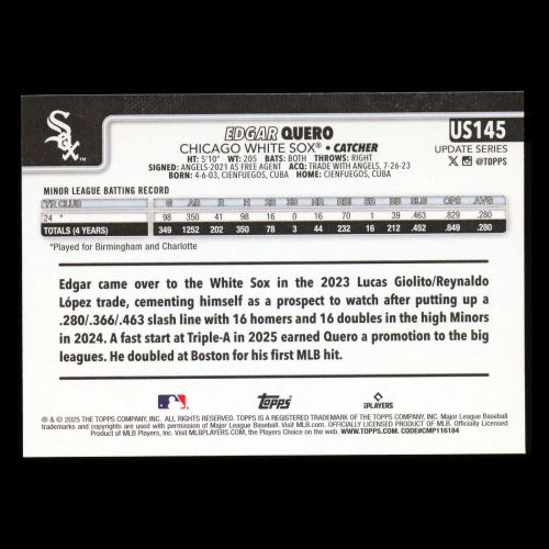 Edgar Quero RC 2025 Topps Update Rookie White Sox
