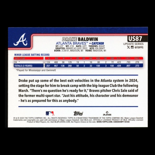 Drake Baldwin RC 2025 Topps Update Rookie Braves