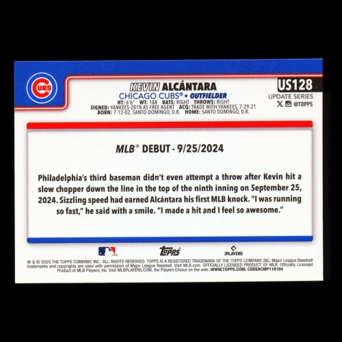 Kevin Alcntara 2025 Topps Update Rookie Debut Cubs