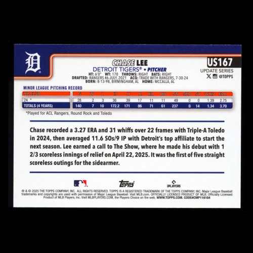 Chase Lee RC 2025 Topps Update Rookie Tigers