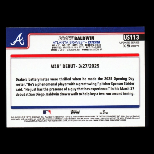 Drake Baldwin 2025 Topps Update Rookie Debut Braves