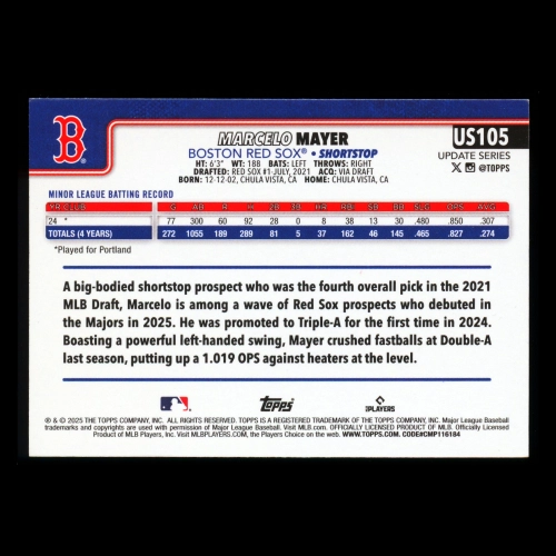 Marcelo Mayer RC 2025 Topps Update Rookie Red Sox