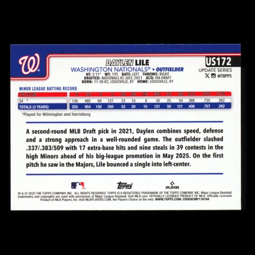 Daylen Lile RC 2025 Topps Update Rookie Nationals