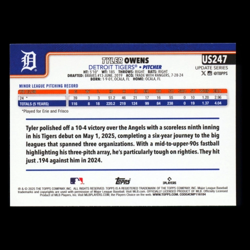 Tyler Owens RC 2025 Topps Update Rookie Tigers