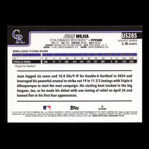 Juan Mejia RC 2025 Topps Update Rookie Rockies