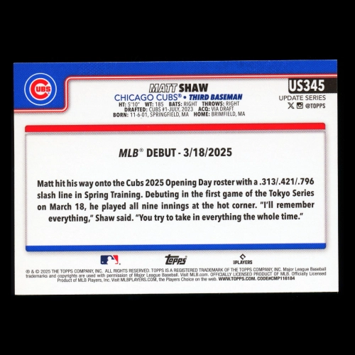 Matt Shaw 2025 Topps Update Rookie Debut Cubs