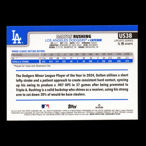 Dalton Rushing RC 2025 Topps Update Rookie Dodgers