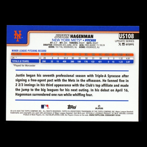Justin Hagenman RC 2025 Topps Update Rookie Mets