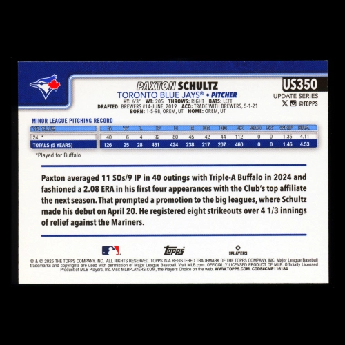 Paxton Schultz RC 2025 Topps Update Rookie Blue Jays