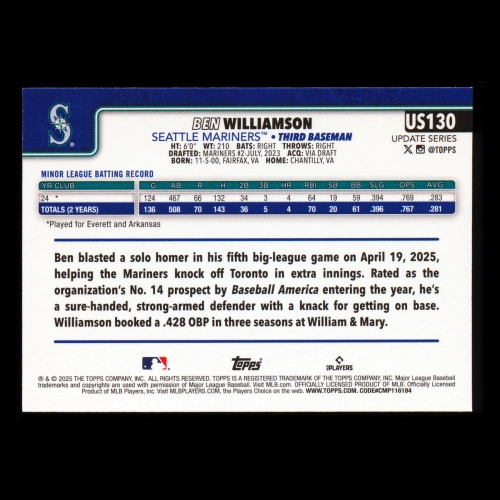 Ben Williamson RC 2025 Topps Update Rookie Mariners