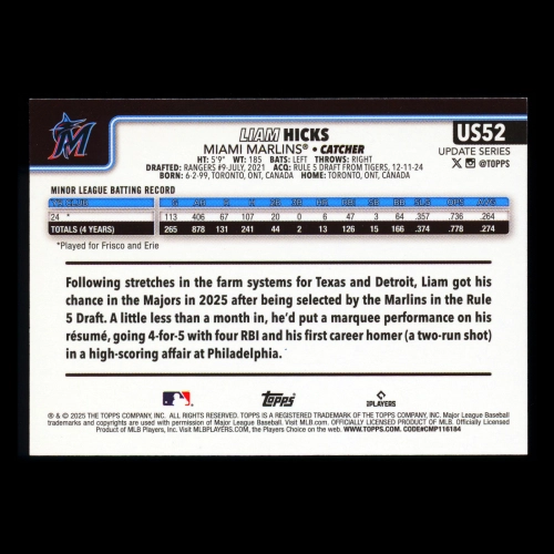 Liam Hicks RC 2025 Topps Update Rookie Marlins
