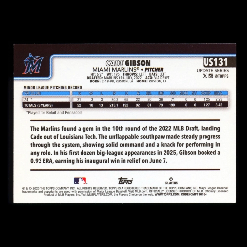 Cade Gibson RC 2025 Topps Update Rookie Marlins