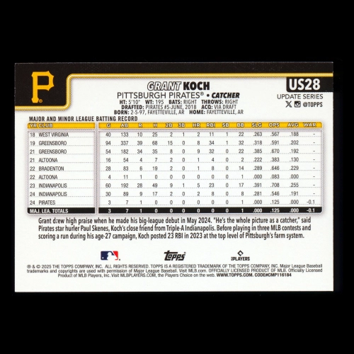 Grant Koch RC 2025 Topps Update Rookie Pirates