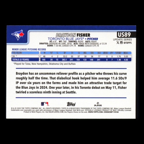 Braydon Fisher RC 2025 Topps Update Rookie Blue Jays