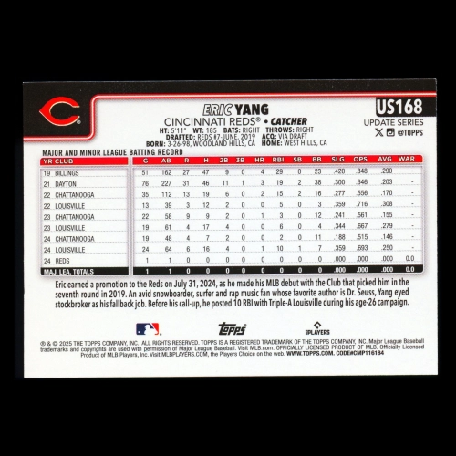 Eric Yang RC 2025 Topps Update Rookie Reds