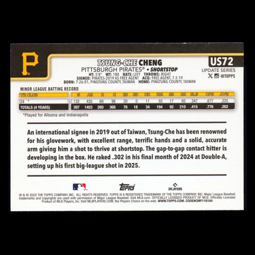 Tsung-Che Cheng RC 2025 Topps Update Rookie Pirates