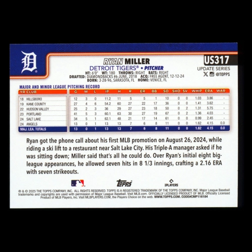 Ryan Miller RC 2025 Topps Update Rookie Tigers